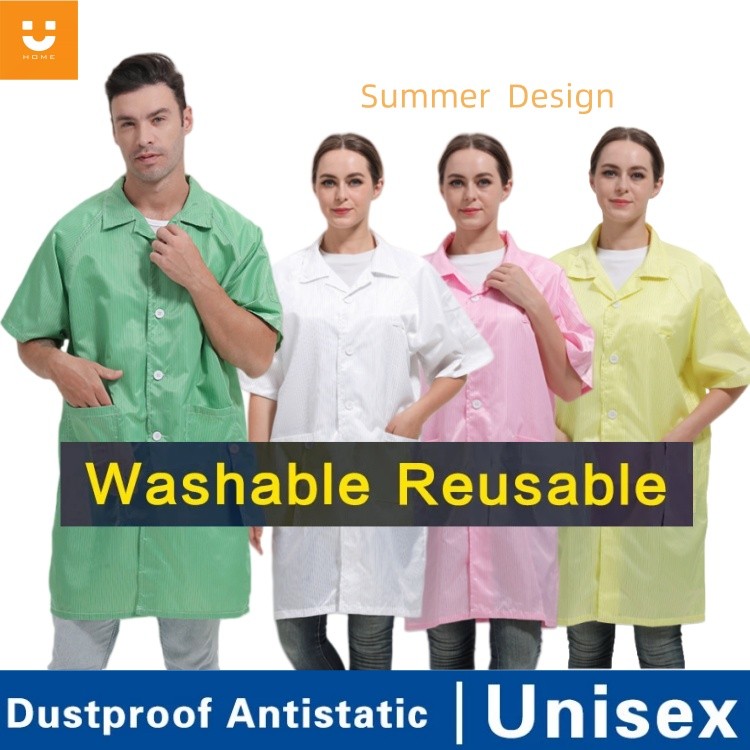 UhomeS ~ 5XL ESD Smock Lab Coat แขนสั้นล้างทําความสะอาดได้ Anti Static Coveralls ห้องสะอาดชุด PPE Gown Jacket ช่าง Workwear โรงงานชุดอิเล็กทรอนิกส์ห้องปฏิบัติการเสื้อผ้า
