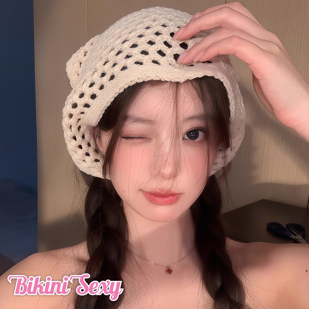 BikiniSexy  ที่คาดผม สไตล์ตารางกลวง ถักด้วยมือ หวานและอ่อนโยน สไตล์อภิบาล ผ้าโพกศีรษะสามเหลี่ยม