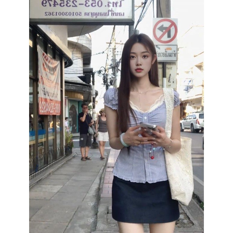 LINNAคอวี แถบ แขนสั้น เสื้อเชิ้ต เวอร์ชั่นเกาหลี รูปที่ 7
