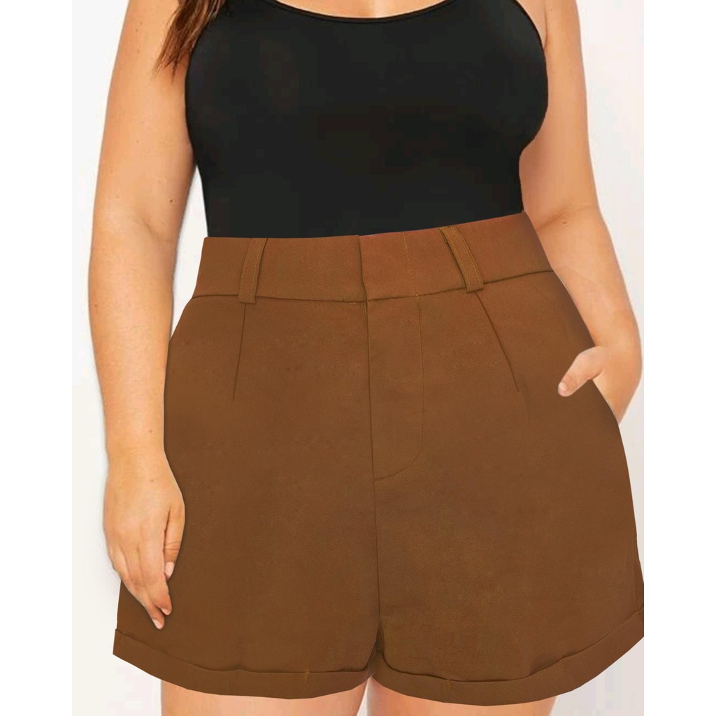 กางเกงขาสั้นเอวสูงสาวอวบ เนื้อผ้าบาบี้ เอวสูงเก็บพุง(ขาพับ) ซิปรูด ตะขอกันสนิมอย่างดี เอวยางยืด