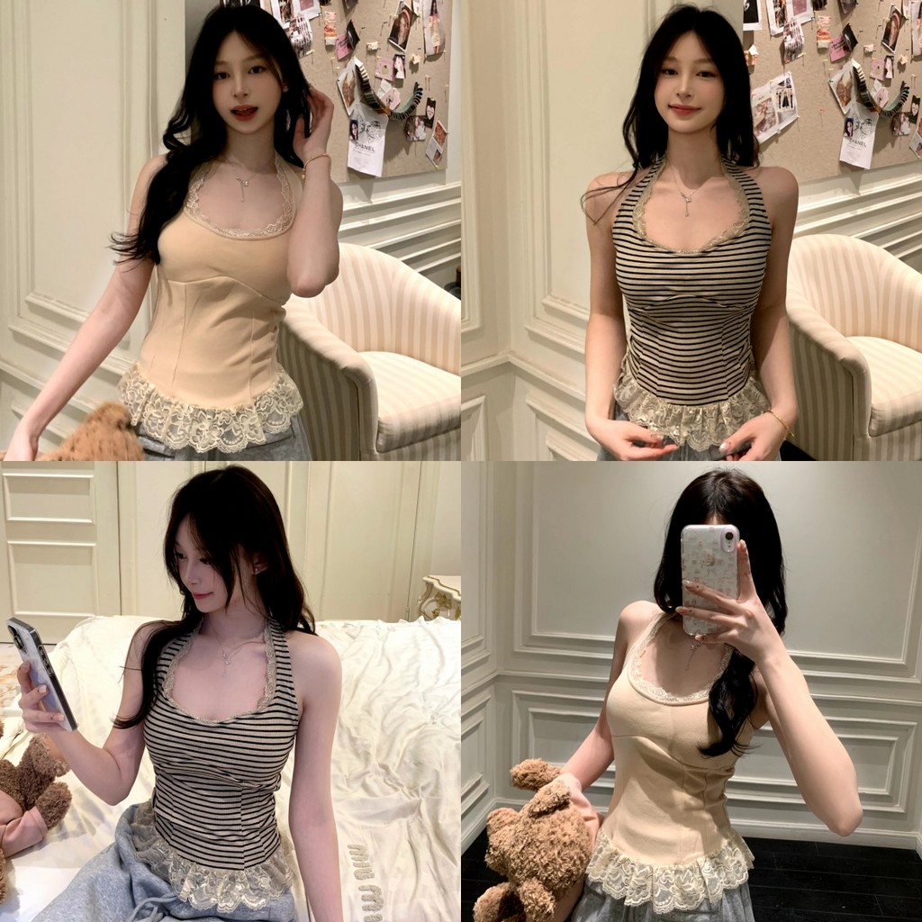 🌸Mary🌸เสื้อกล้าม มีฟองน้ำ คล้องคอ แต่งลูกไม้ หลากสี เสื้อแขนกุด เกาหลี ใส่สบาย ทรงสวย💐#FY793