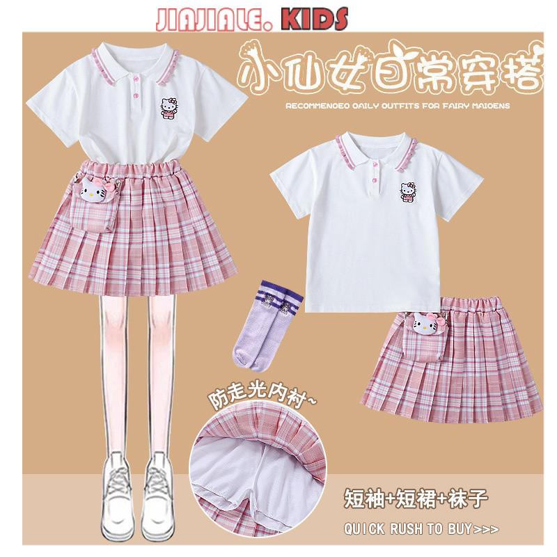 SIZE 110-170Girls Summer Hellokitty 4 pcs Set เสื้อยืดโปโลแขนสั้นเด็ก, Girls JK Set กระโปรง + ถุงเท้