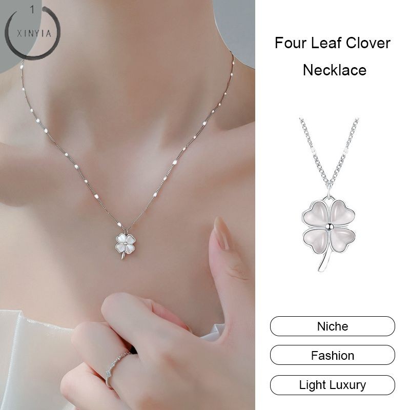 จัดส่งที่รวดเร็ว✨Four Leaf Clover สร้อยคอผู้หญิง Niche High-end Collarbone Chain Simple Cat Eye Stone คอโซ่-XINYIA1