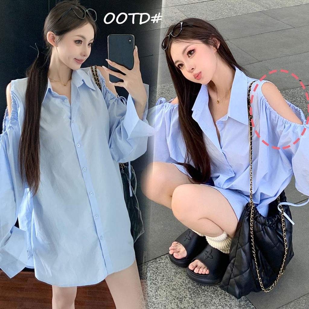 mimi&didi#เสื้อเชิ้ตปาดไหล่แขนยาวแฟชั่นผู้หญิง การออกแบบเชือกหดที่ไหล่ กันแดด ความยาวปานกลาง สาวอวบพรางหุ่น#W471
