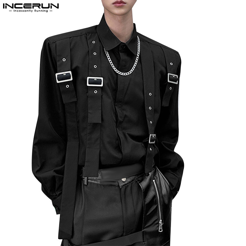 ไม่แน่นอน ผู้ชายแฟชั่นเกาหลีโลหะสายคล้องไหล่ เบาะ เสื้อแขนยาว