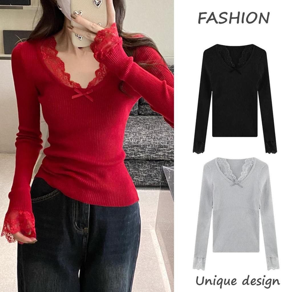 mimi&didi#เสื้อไหมพรมทรงเข้ารูปไม้สีแดงสำหรับผู้หญิง เครื่องแต่งกายคริสต์มาส แขนยาว แต่งลูกไม้ แต่งโบว์ สุดน่ารัก#N082