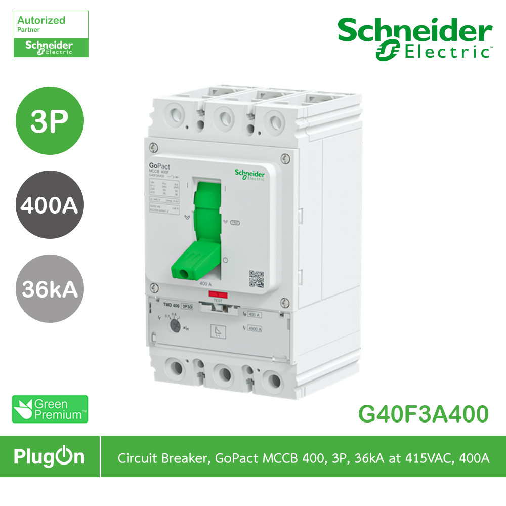 Schneider Circuit breaker, GoPact MCCB 400, 3P, 36kA, 415VAC, 400A rating, TMD trip unit | G40F3A400