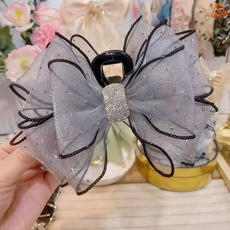 [LO] สไตล์เกาหลีตาข่ายโบว์ Rhinestone Hair Claw Vintage Elegant Hair Clamp Hairpin คลิปฉลามสําหรับผู้หญิงแฟชั่นอุปกรณ์เสริมผม TH