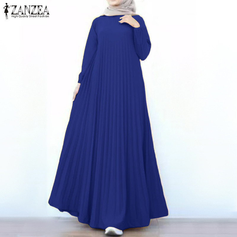ZANZEA ใส่ ซานเซีย ผู้หญิงมุสลิมทุกวันสบายๆลูกเรือคอธรรมดาสีจีบ ก มิ้ม ชุด