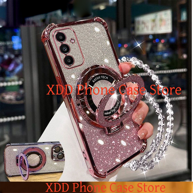 【Anti-Fall】เคส Samsung Galaxy A13 5G A14 A15 A16 A24 A25 A54 A55 4G 5G TPUสี่มุมAnti Drop Flash Powderโปร่งใสเคสโทรศัพท์วงเล็บแม่เหล็กสร้อยข้อมือคริสตัล