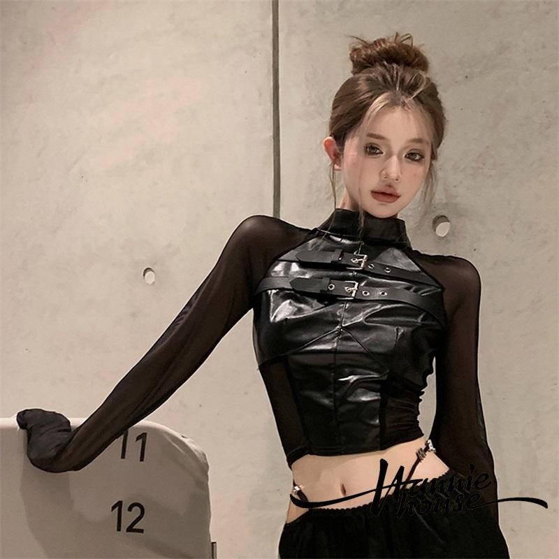 Hanie House- เสื้อยืดตาข่ายคอสูงด้านหน้าแขนยาวสําหรับผู้หญิง