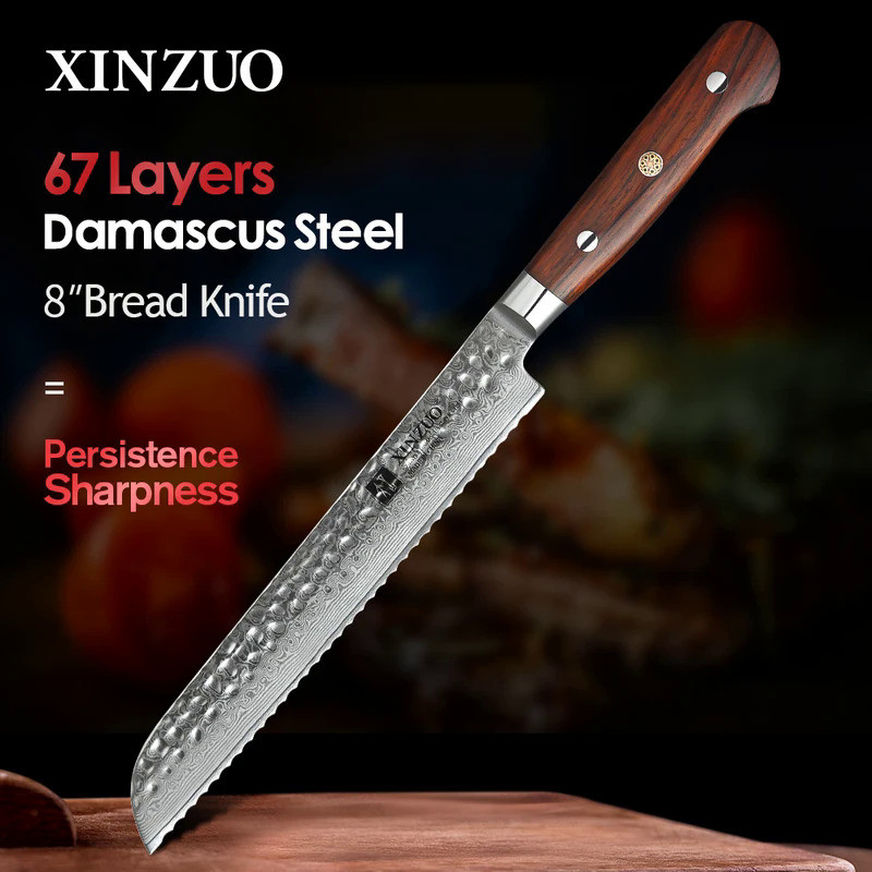 XINZUO 8'' Bread Knife Damascus Stainless Steel Kitchen Knives Top Quality Meat Knife Sharp Blade Ef