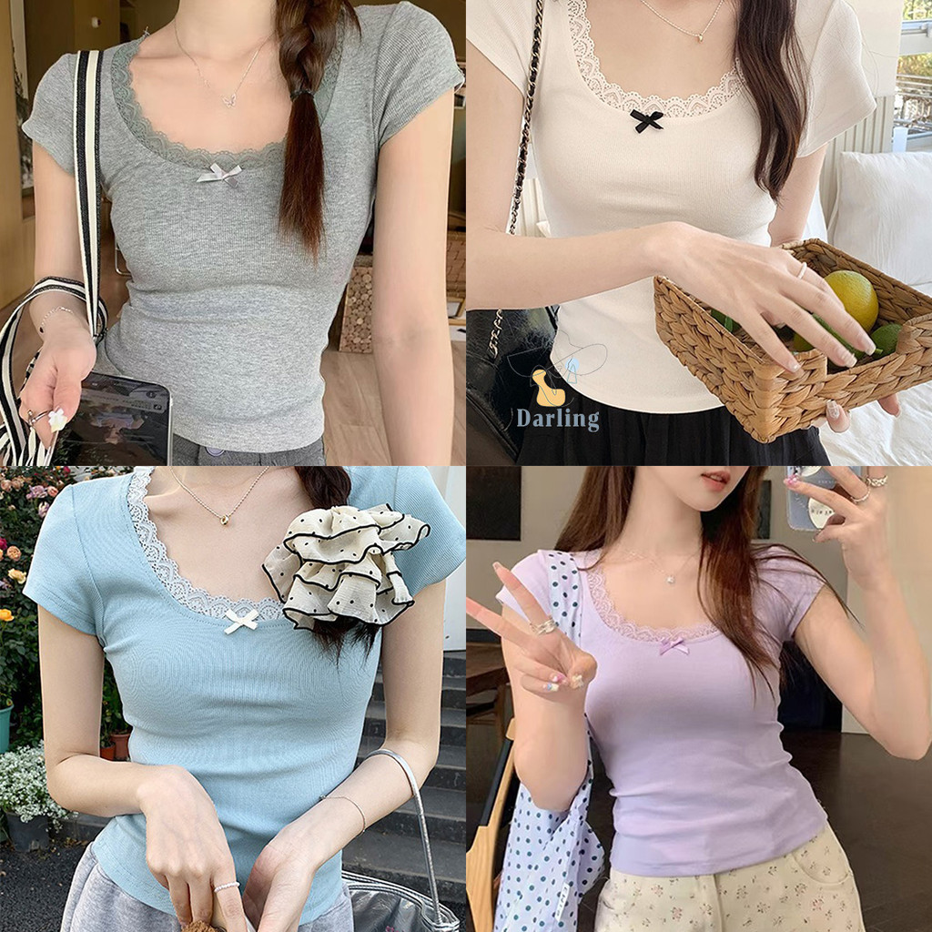 เสื้อยืดแขนสั้นยูคอลายลูกไม้ สีชมพู ผูกโบว์ สไตล์สาวหวาน