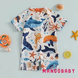 (จัดส่งในกรุงเทพฯ)- ชุดว่ายน้ําเด็กผู้หญิง Shark พิมพ์แขนสั้น Mock คอ Zip Up Rash Guard ชุดว่ายน้ํา