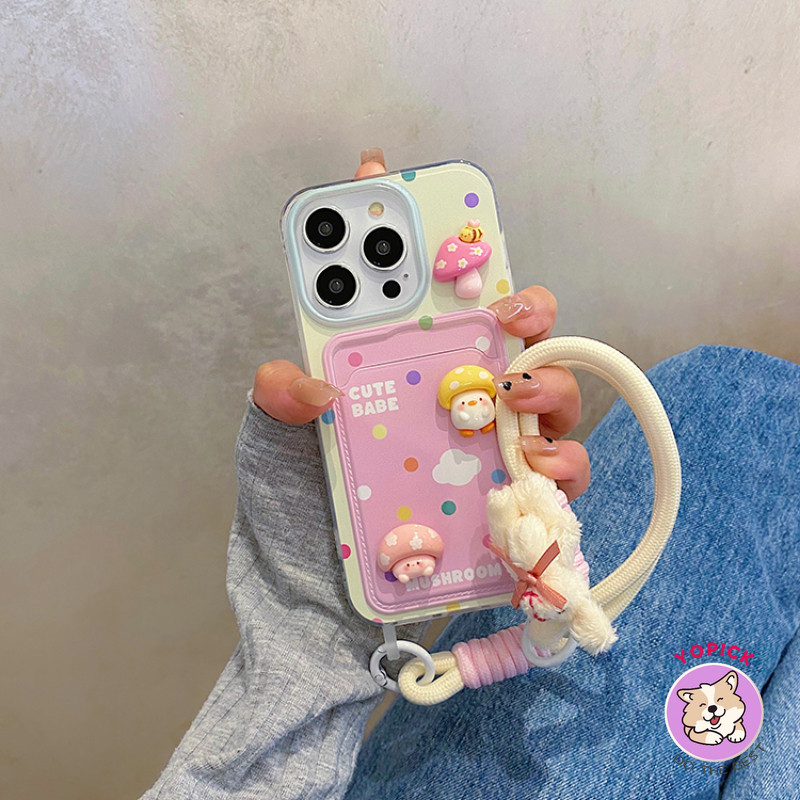 Polka Dot 3D เห็ดเคสโทรศัพท์สําหรับ IPhone 11 12 13Pro Max 14Plus 15 16 Pro XR XS Max 7 8 Plus SE2020 การ์ตูนฝาครอบโทรศัพท์สําหรับ IPhone 16Pro Max นุ่มสาวเชือก GKB