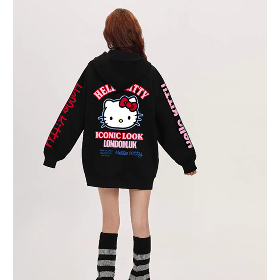 Joint น่ารัก Hello Kitty พิมพ์ตัวอักษร Hooded Sweatshirt ผู้หญิง Heavy Anti-Pilling ฤดูหนาวซิปแจ็คเก็ตผู้ชาย