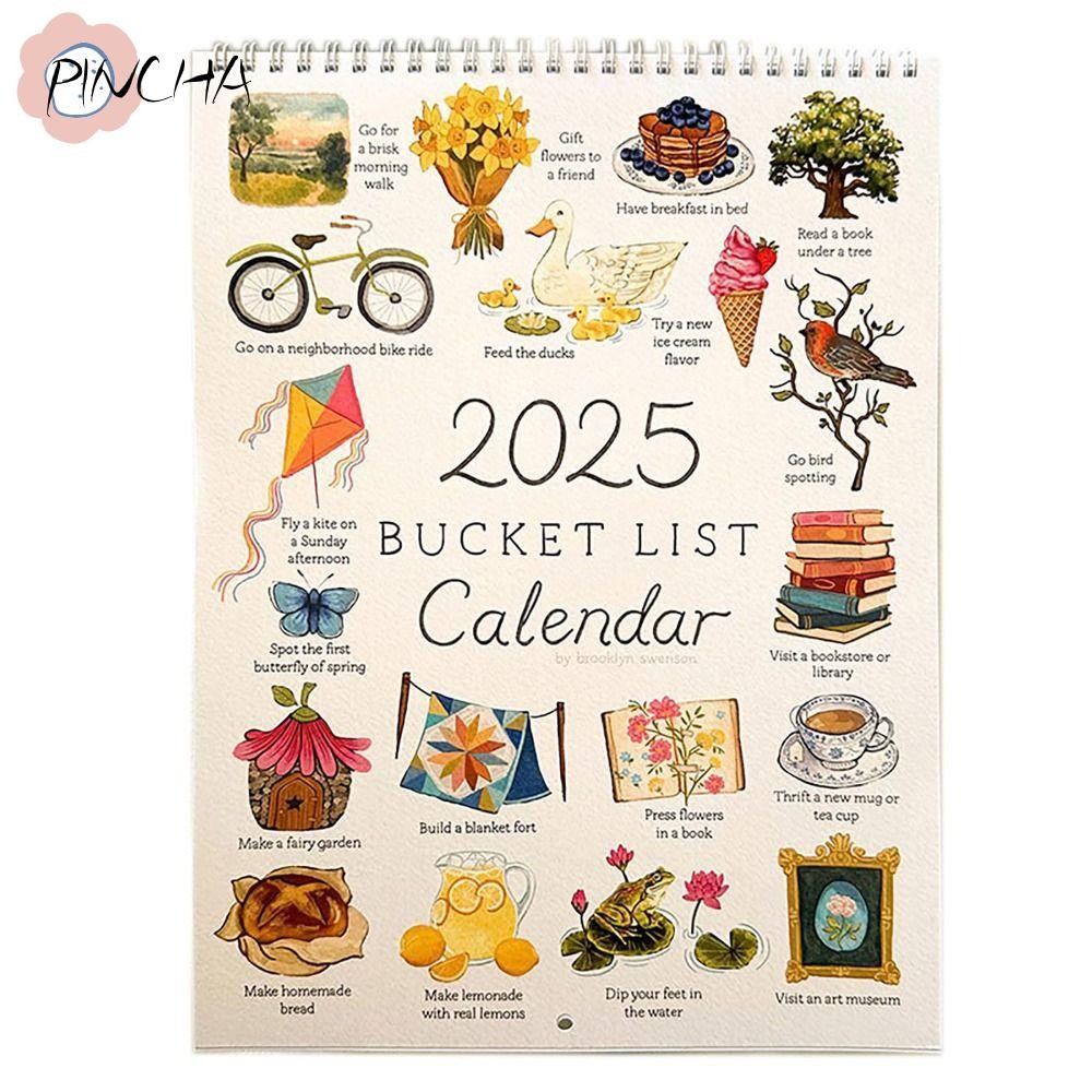 พินชา 2025 ปฏิทินรายการถัง, รายการถังแขวนผนังวารสารปฏิทินติดผนัง,ตกแต่งบ้านคู่เกลียวลวด-เข้าเล่มสําหรับการวางแผนหรือจัดระเบียบปฏิทิน กระแสน้ํา