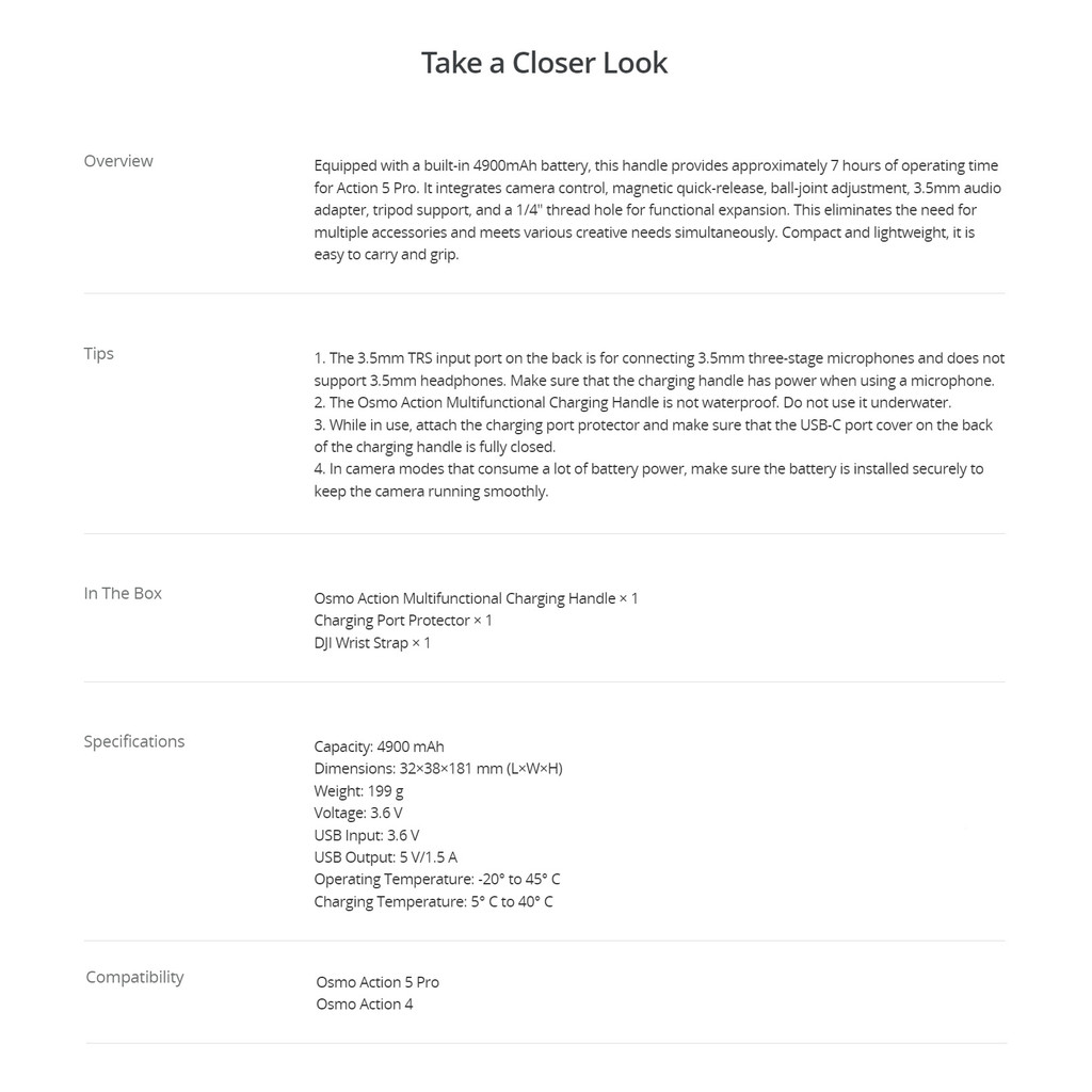 DJI Osmo Action Multifunctional Charging Handle for Osmo Action 5 Pro/Action 4