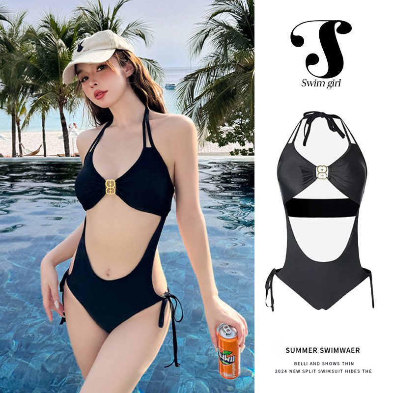 swim girlส่งไวจากไทย ชุดว่ายน้ำผู้หญิง วันพีช เซ็กซี่ swimsuit black ผูกคอ มีฟองน้ำ summer