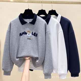 Local shipping ฤดูใบไม้ร่วงใหม่ผู้หญิงเสื้อโปโลคอปก,หมีพิมพ์หลวมLapel Casual Age-Reduction Top