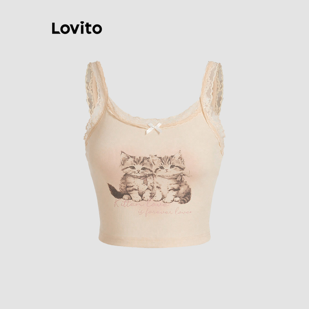Lovito เสื้อกล้ามลูกไม้สีพื้นลำลองสำหรับผู้หญิง L108ED1252