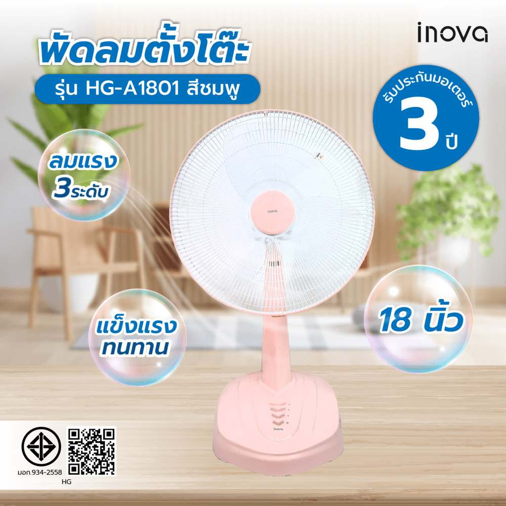 GlobalHouse INOVA พัดลมตั้งโต๊ะ 18 นิ้ว รุ่นHG-A1801 สีชมพู สินค้าของแท้คุณภาพดี