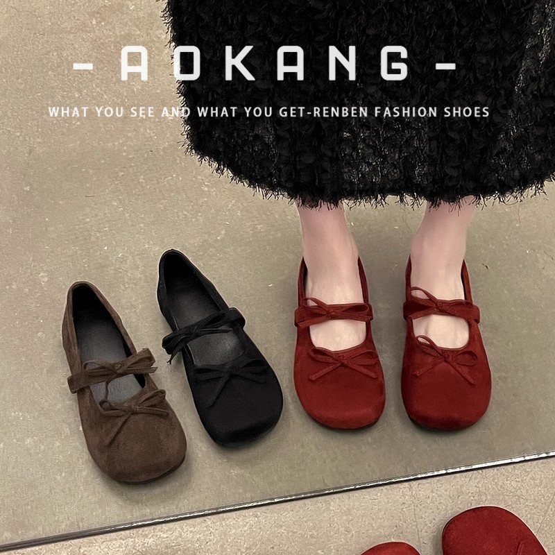 เอาคัง ฤดูร้อนใหม่โบว์สีแดงแมรี่เจนรองเท้าผู้หญิงแฟชั่นรองเท้าแบนอินเทรนด์