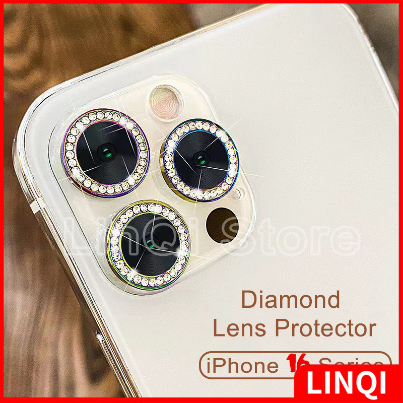 แหวนโลหะฝาครอบกระจกนิรภัยสติกเกอร์สําหรับ ไอโฟน 16 เคสป้องกันเลนส์กล้องด้านหลังคริสตัลหิน