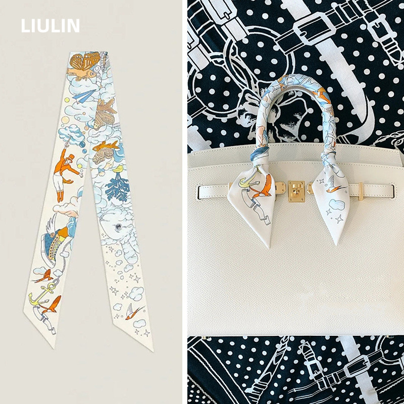 วง ผม หญิง คุณภาพสูง ผ้าพันคอ 90*5 cm ลายทแยง สำหรับผูกกระเป๋า ริบบิ้นยาว สไตล์ไหมลำแสง พร้อมสายจับ