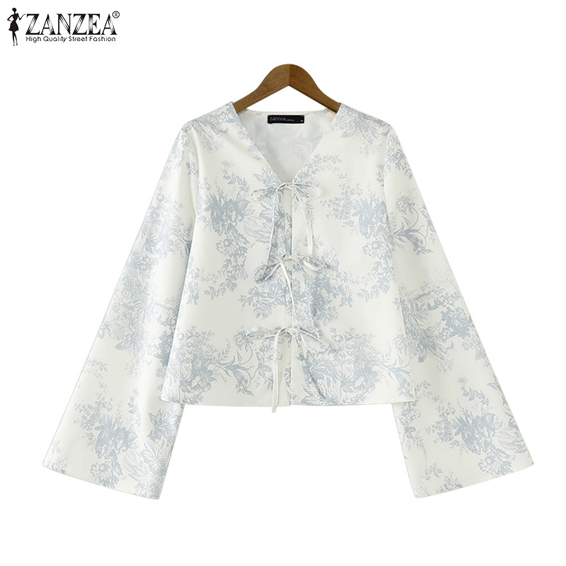 Zanzea เสื้อเบลาส์แขนยาวคอวีพิมพ์ลายอารมณ์วินเทจสําหรับผู้หญิง