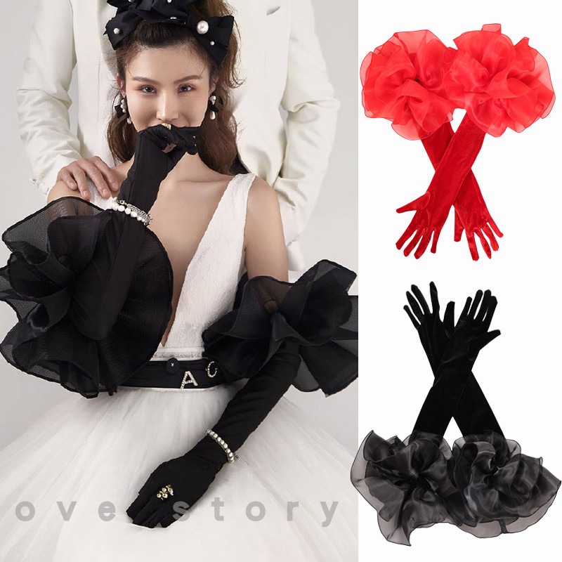 💕ถุงมือเจ้าสาว ถุงมือชุดแต่งงานกำมะหยี่ แต่งตัวห้องบอลรูมหรูหรา เทรนด์แฟชั่น ลูกไม้ ถุงมือชุดแต่งงานสไตล์ปาร์ตี้วันหยุด