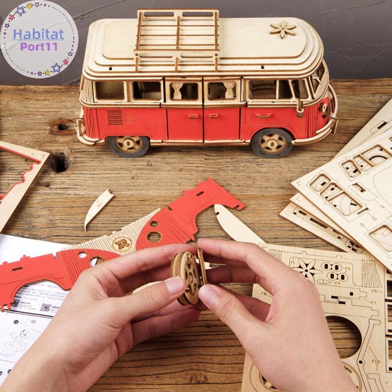 Habitatport Retro Bus สไตล์ยุโรป Campervan 3D รถไม้ปริศนา DIY รุ่น Hands-on Ability ปลูกฝังจิ๊กซอว์ของเล่นเด็ก th