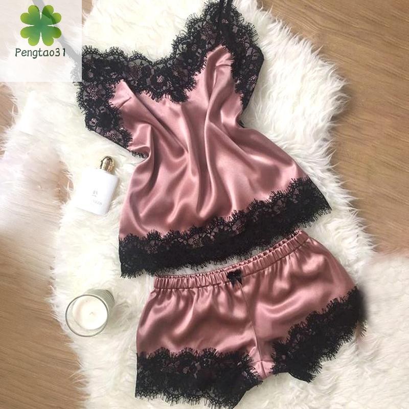 [eto] ชุดนอนสตรีแขนกุดชุดนอนสายรัดลูกไม้ตัดซาติน Cami Top Pajama Set [TH]