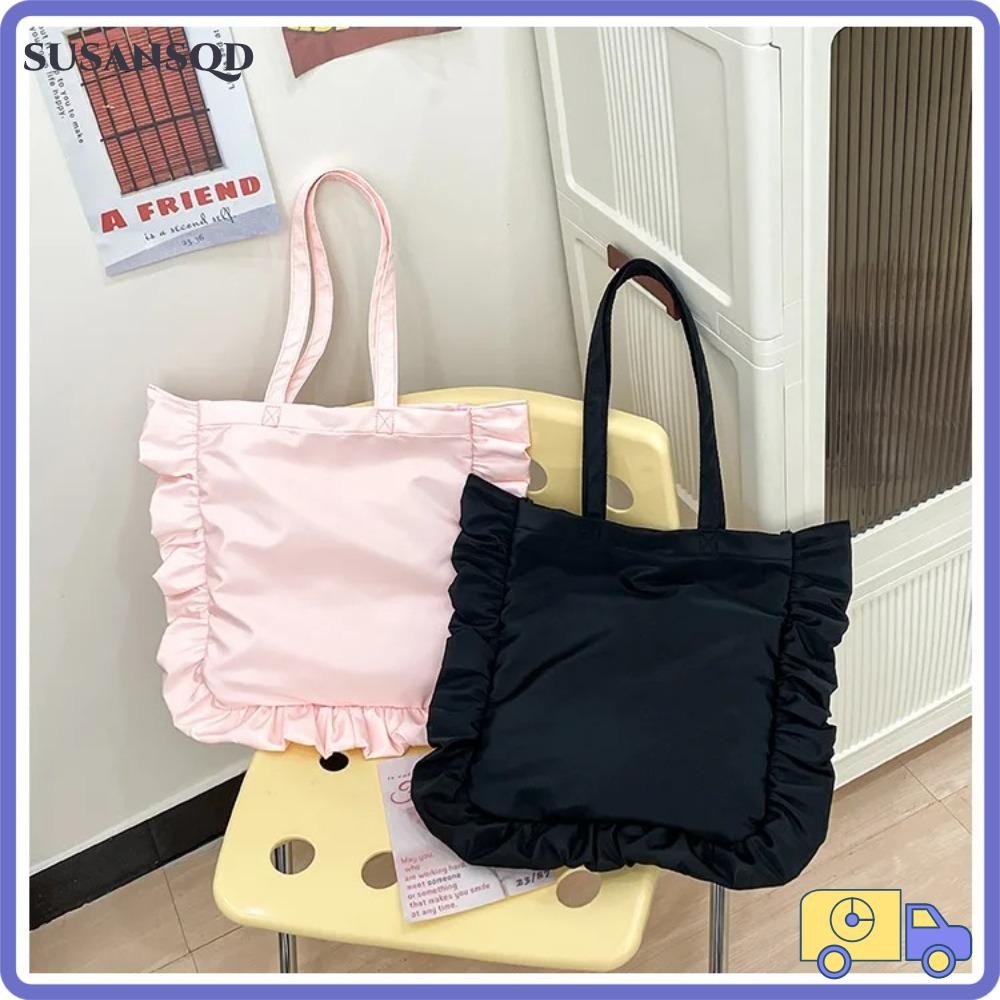 SUSANSQD กระเป๋าโท้ทผู้หญิง,กระเป๋าสะพายไหล่สไตล์ฝรั่งเศสความจุขนาดใหญ่,กระเป๋าถืออเนกประสงค์ Ruffles Vintage