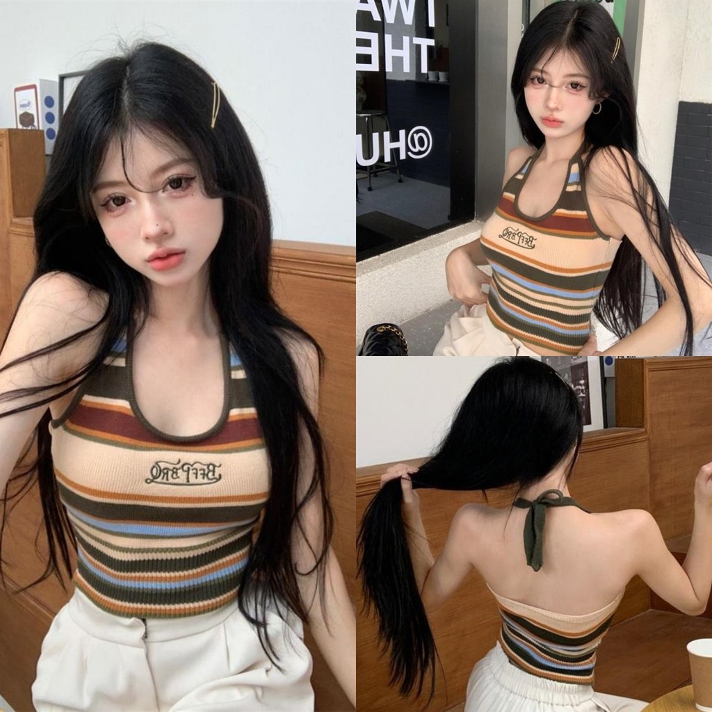 Miqi เสื้อกล้าม ไหมพรม เปิดหลัง ลายทาง งานปักตัวอักษร เสื้อครอป เกาหลี ฤดูร้อน ใส่ไปทะเล#19197