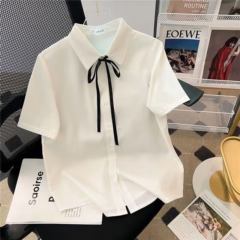 Mona~สีทึบ ผูกขึ้น แขนสั้น เสื้อเชิ้ต เวอร์ชั่นเกาหลี สไตล์ใหม่ แฟชั่น