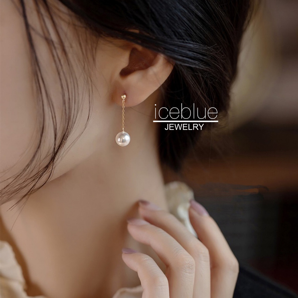 【iceblue】ต่างหูติดติ่งไข่มุกทรงกลมสมบูรณ์แบบ 8mm 10mm พร้อมพู่ ชุบ 14K Gold ไร้สนิม ไทเทเนียมสตีล สำหรับผู้หญิง E95