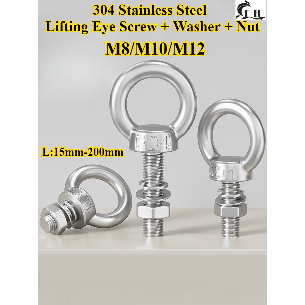 [CB-DHLS] 304 Stainless Steel, Lifting Eye Screw + Washer + Nut ชุดสี่ชิ้น, M8/M10/M12, Round Eye Bolt + Nut, ความยาว 15mm-200mm สกรูตะขอแหวน