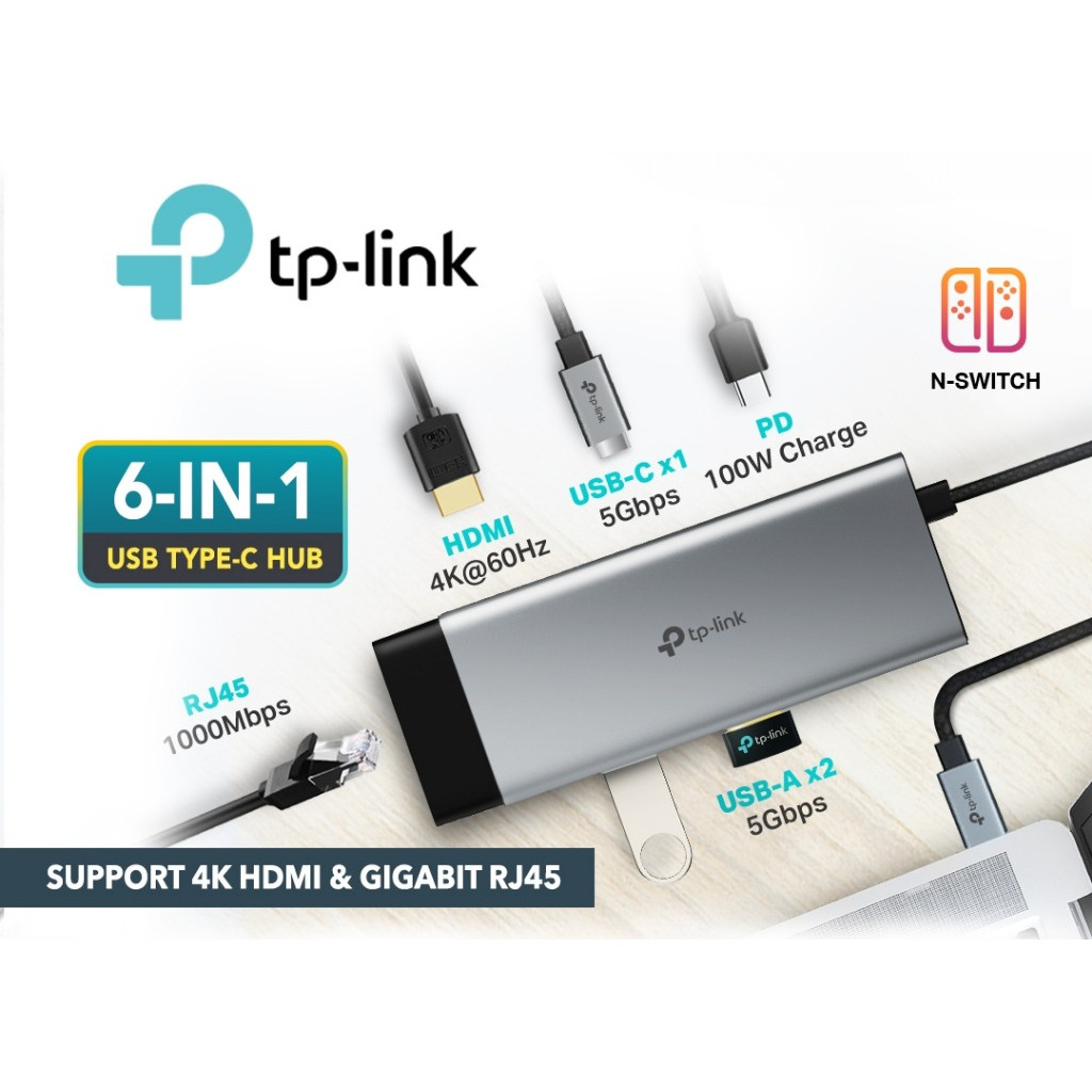 TP-Link UH6120C USB-C Hub 6 in 1 ถึง HDMI 4K @ 60Hz Ethernet PD USB 3.0 อะแดปเตอร์สําหรับเดสก์ท็อปแล