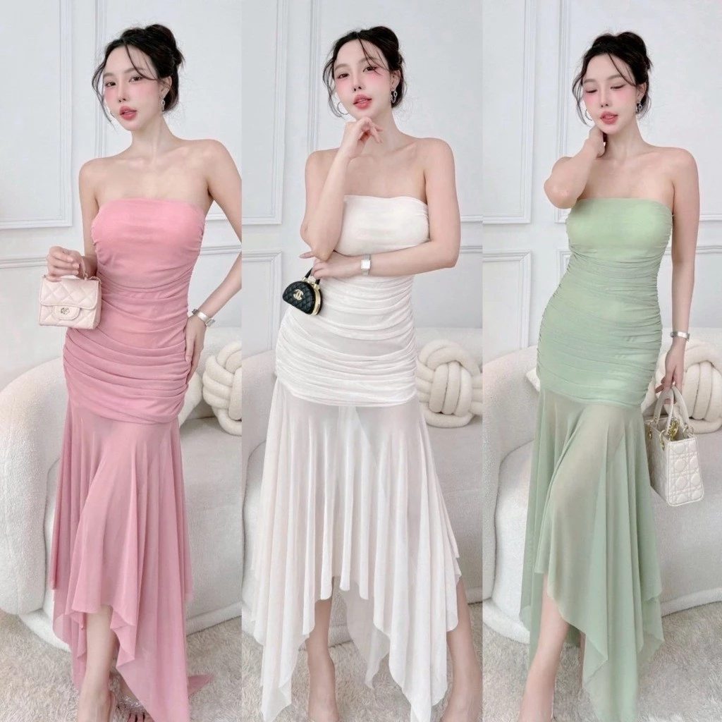 A402 -เดรสยาว ผ้าตาข่ายรุ่นเกาะอกระบายชาย ชุดเดรสออกงาน ชุดเที่ยวทะเล