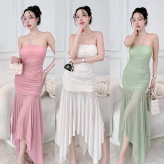 A402 -เดรสยาว ผ้าตาข่ายรุ่นเกาะอกระบายชาย ชุดเดรสออกงาน ชุดเที่ยวทะเล
