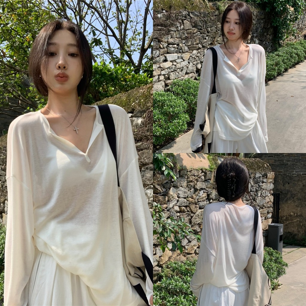 🌜Soroh🌛เสื้อยืด คอวี ขาว ดีเทลซีทรู บางเบา ผ้านุ่ม⭐เสื้อยืดแขนยาว สไตล์เกาหลี ลําลอง ใส่สบาย🌟#FY2088