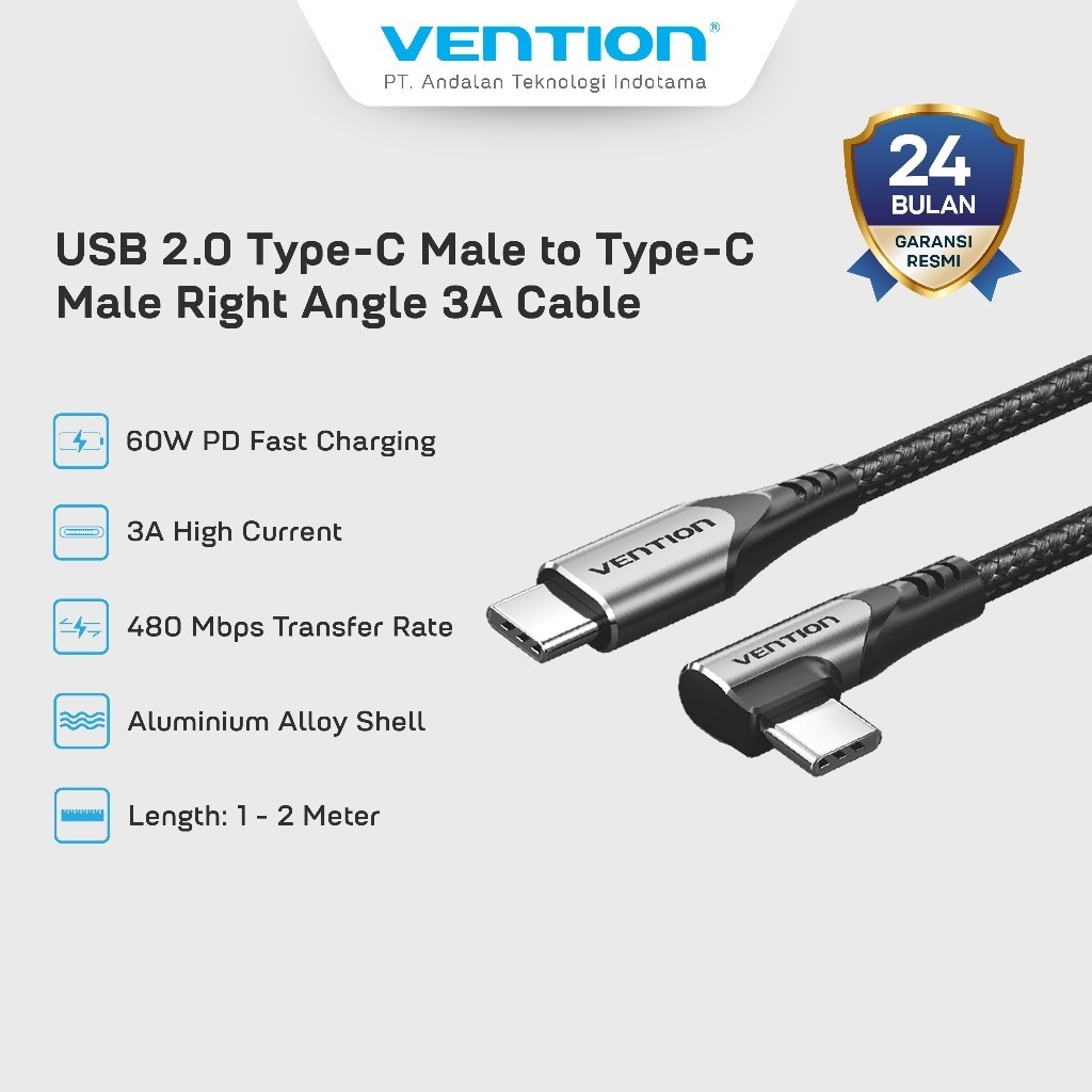 Vention Cable Charger USB C To Type C Right Angel 3A Fast Charging 50CM 1M 1.5M 2M - TRA