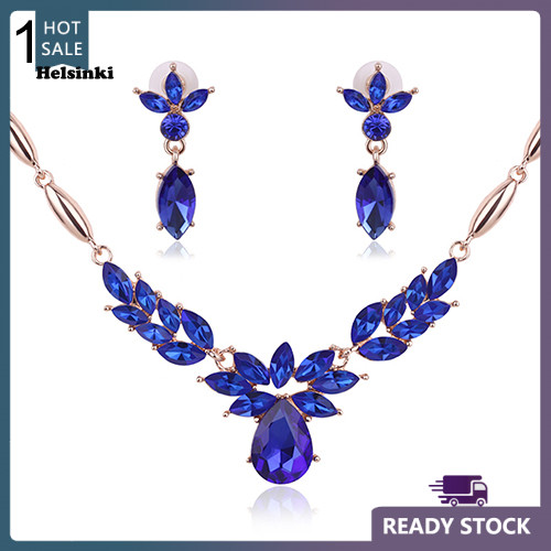 HLS ผู้หญิง Rhinestone ดอกไม้จี้โลหะผสมสร้อยคอต่างหูชุดเครื่องประดับงานแต่งงาน