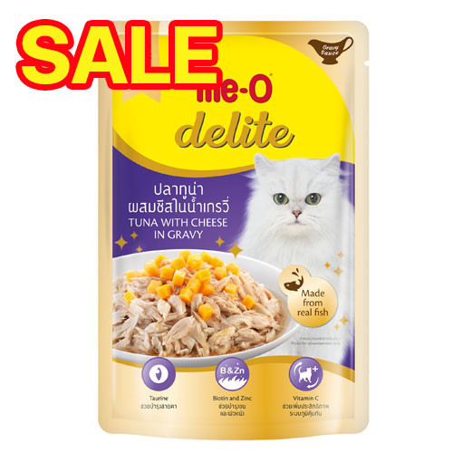 Exp17/07/2025 Me-o Delite 70g อาหารเปียกสำหรับแมว 1 ปีขึ้นไป - ทูน่าชีสในน้ำเกรวี่