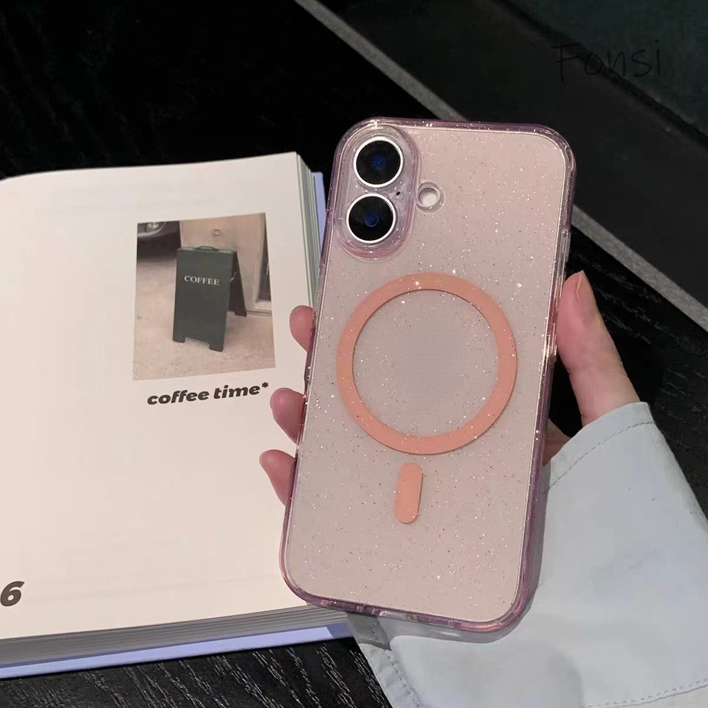 หรูหรากึ่งโปร่งใสglitterแม่เหล็กกรณีโทรศัพท์อ่อนสําหรับiphone 16 Pro Max 15 14 13 16 Plusปลอกกันกระแทกกล้องเลนส์ป้องกันรวมทุกอย่างซิลิโคนปกหลังIPhone