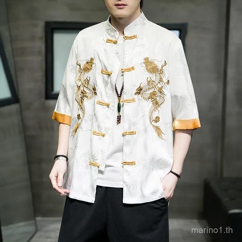 ฤดูร้อนระบายอากาศ H Anfu สไตล์จีนผู้ชายเสื้อผ้าวินเทจพิมพ์แขนสั้นเสื้อปุ่มจีนนอตวางพุทธเสื้อผ้าเสื้อ