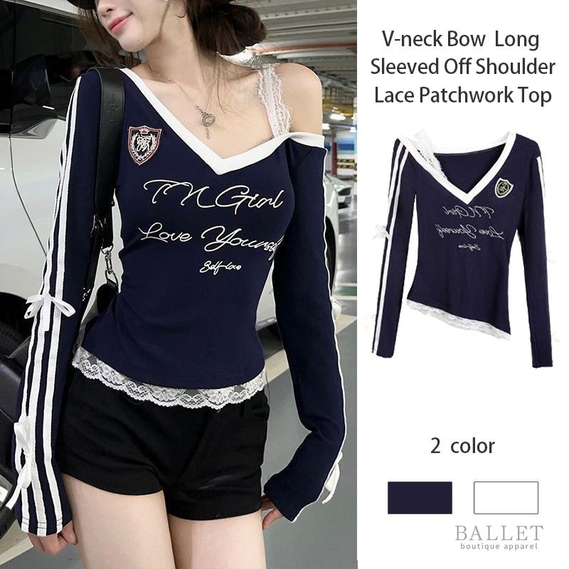 เสื้อคอวีโบว์ Bottoming ผู้หญิงเสื้อยืดแขนยาวระดับไฮเอนด์ปิดไหล่ลูกไม้เย็บปะติดปะต่อด้านบน BB