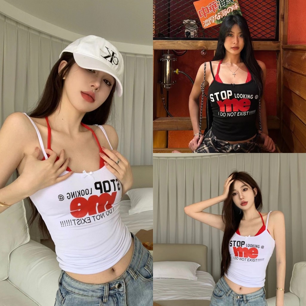 Bonnie เสื้อสายเดี่ยว+บราคาวาอี้ มีฟองน้ำ สีพื้นลายสกีนตัวอักษร เสื้อแขนกุด สไตล์ y2k ผ้านิ่ม ใส่สบาย#FYS1260