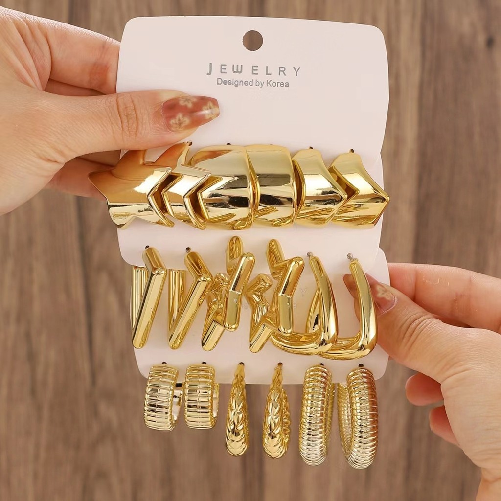 3 คู่/เซ็ตเรขาคณิต Hear Star Hoop ต่างหูชุดผู้หญิง Elegant Gold โลหะแฟชั่น Accessoreis เครื่องประดับของขวัญ
